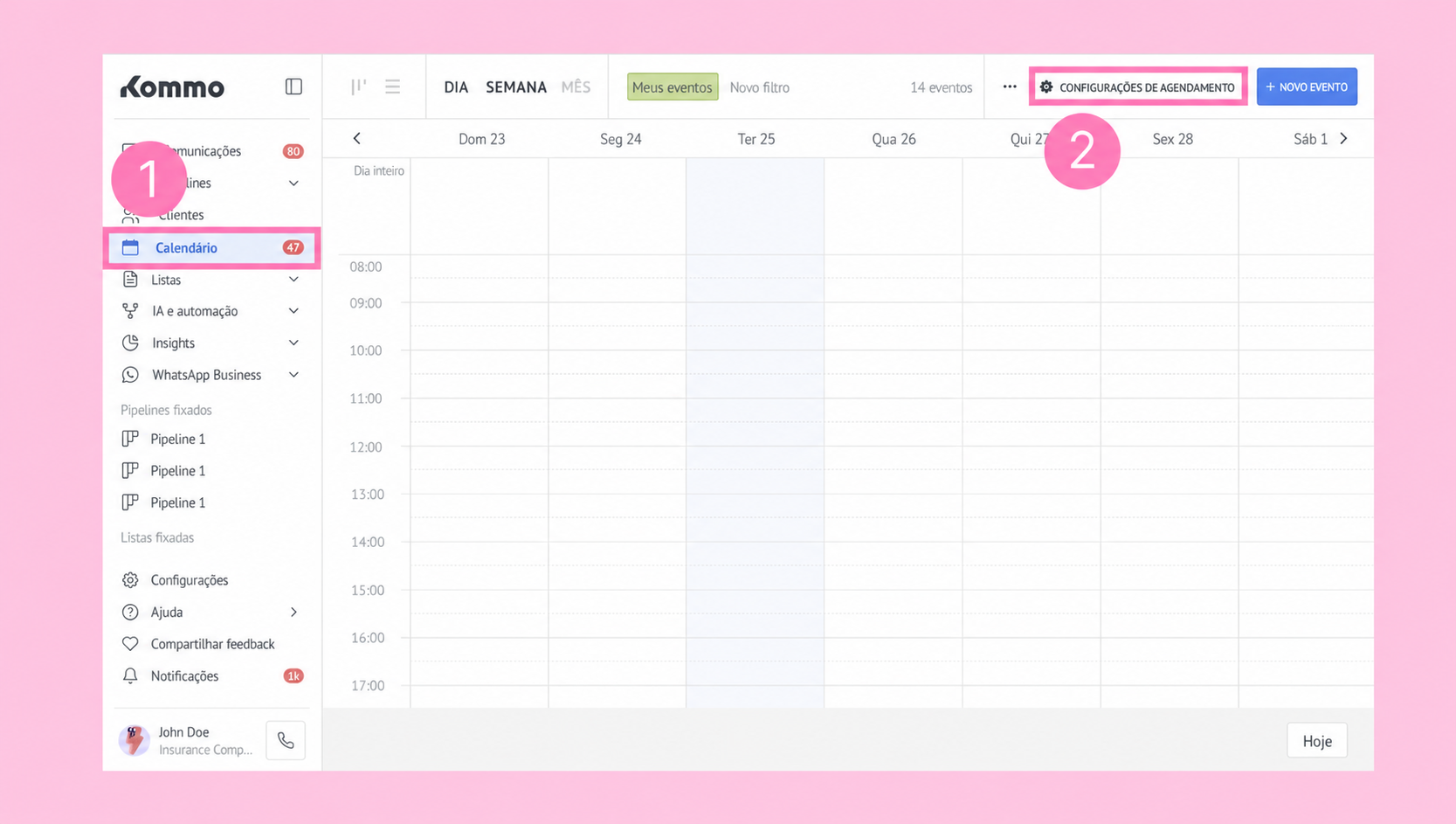 User interface of Kommo showing calendar and event configuration options.